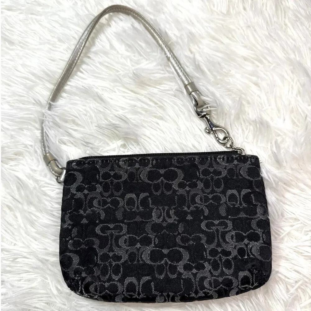 COACH Black Silver Signature Canvas Wristlet